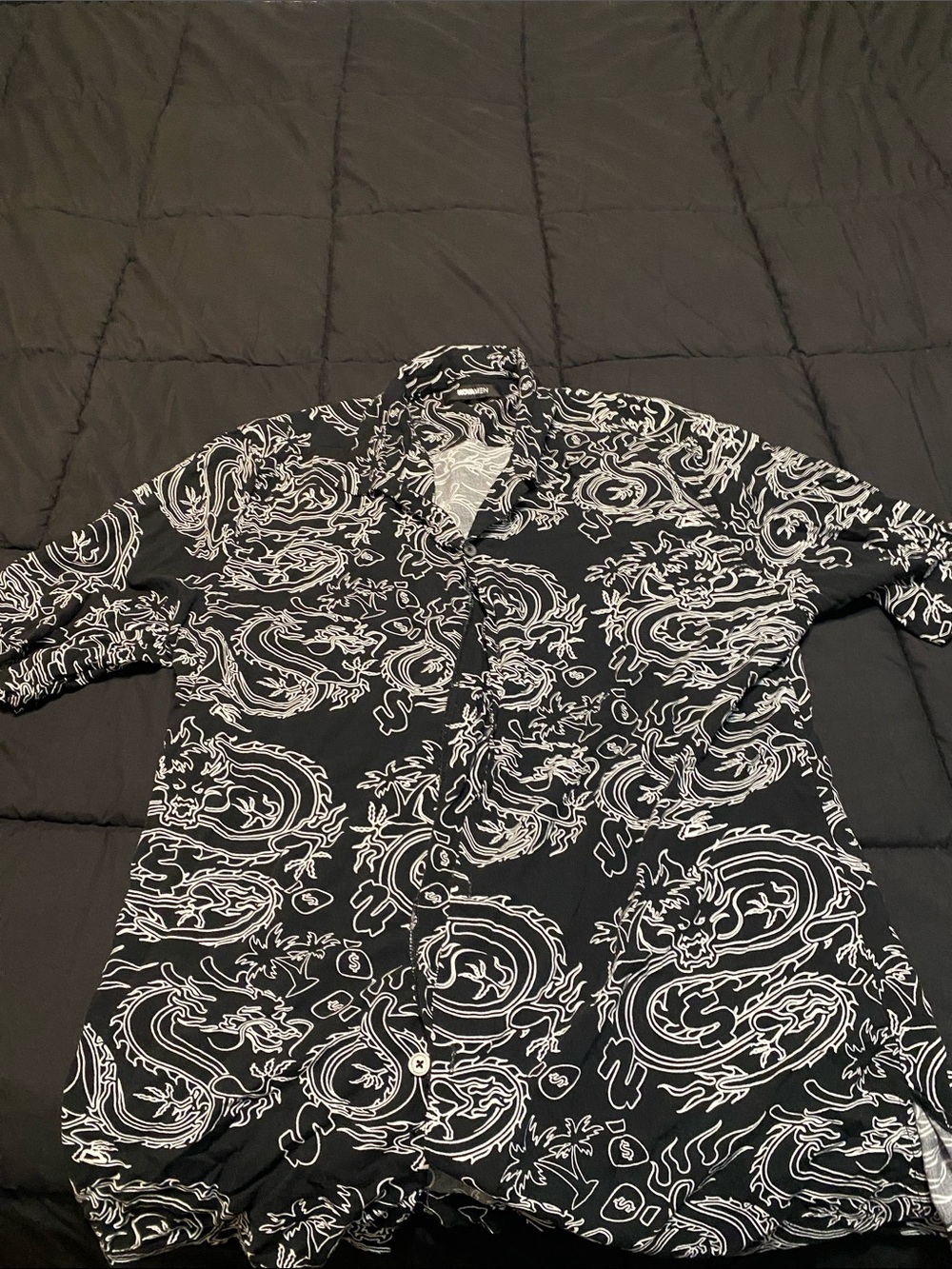 Black Button-Up Shirt with White Dragon Print - Picture 1 of 2